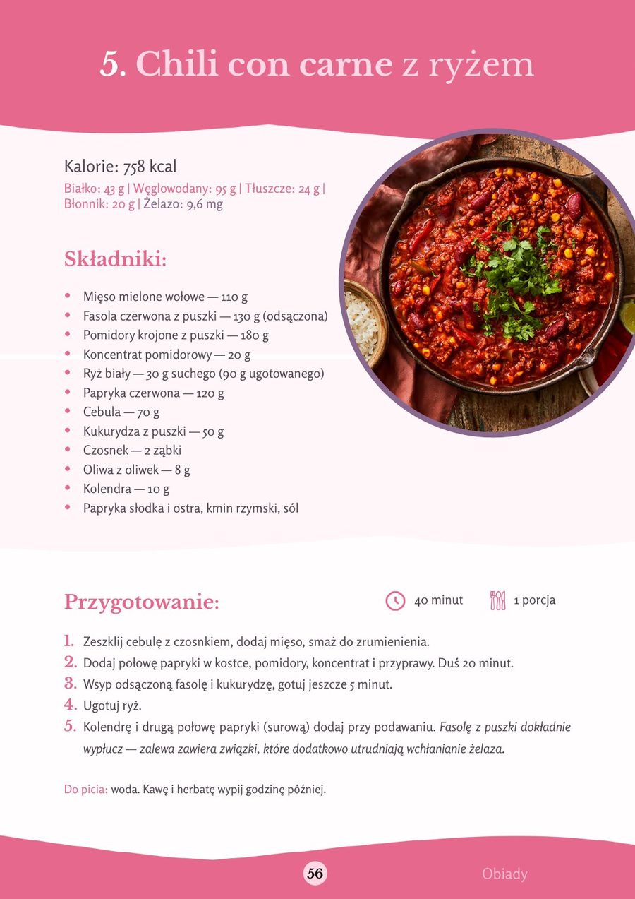 Strona e-booka: przepis na chili con carne z ryżem, kalorie, makro i 9,6 mg żelaza w porcji