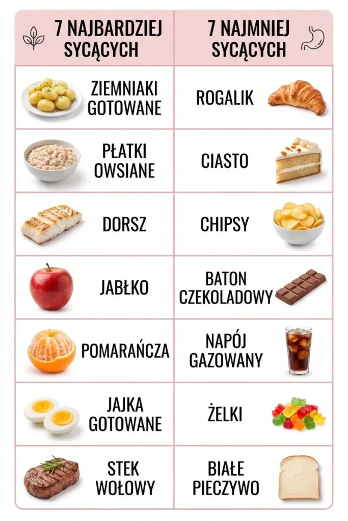 Tabela indeksu sytości — 7 najbardziej i 7 najmniej sycących produktów
