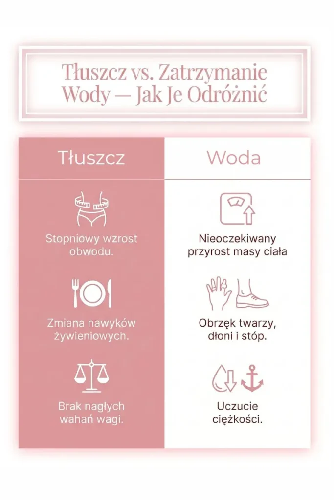 Porównanie objawów tłuszczu brzusznego i zatrzymanej wody w organizmie
