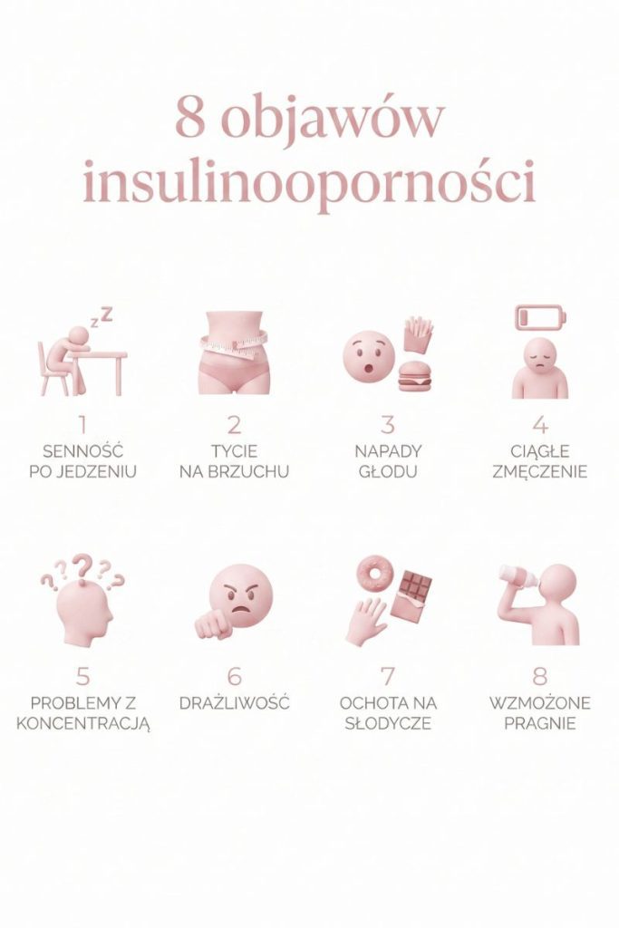 Infografika — 8 objawów insulinooporności: senność po jedzeniu, tycie na brzuchu, napady głodu