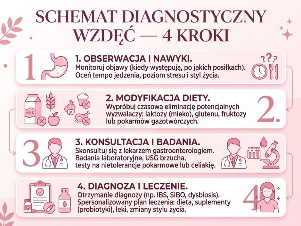 Infografika — 4-krokowy schemat diagnostyczny wzdętego brzucha krok po kroku