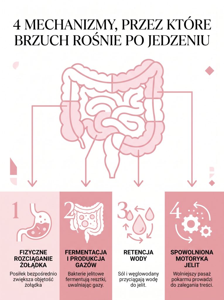 Infografika — 4 mechanizmy wzdętego brzucha po jedzeniu: fermentacja, mięśnie, odruch, motoryka